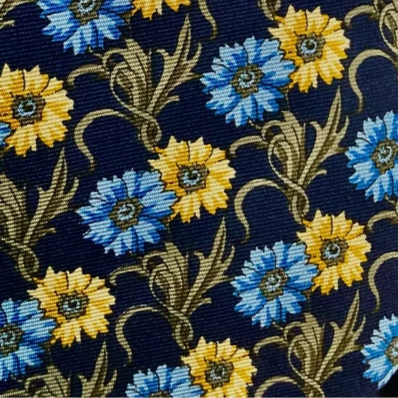 Vintage Burberrys Tie. Blue and Gold Flower Design. All Silk. Made By Hand. EUC.